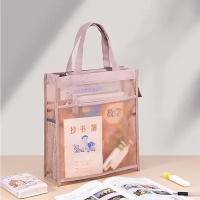 MADEWITH 1pcs Transparent Book Storage Bag Large Capacity Zipper Document Bag Portable with Handle File Folders Organizer School Office Supplies