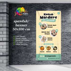 Cetak Spanduk Banner Kuning imut organik foto bisnis makanan jualan kimbab