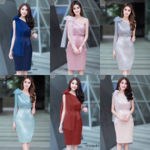 TW17315 เดรสไหล่เดียวแต่งผ้าตาข่าย