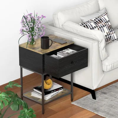 3 Tier Nightstand with Wood Drawer Storage Small Side Table for Small Spaces Rustic Tall Night Stand/End Table with Shelf Anti- Falling Design for Living Room Bedroom Sofa