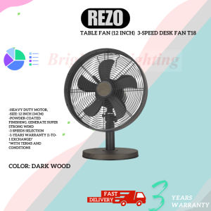 Rezo 12 Table Fan T18 Heavy Duty Motor 3 Speed with Oscillation Desk Fan (Dark wood)