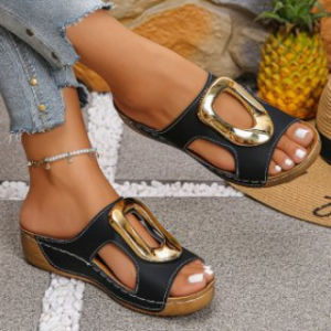 [Free Shipping] Special For Retro Metal Buckle Wedge Sandals Square Toe Open-Toe Casual WomenS Shoes Plus Size In Stock 0.5