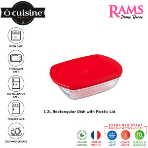 Ocuisine 1.2L Borosilicate Glass Rectangular Dish with Plastic Lid / Heat Resistance / Borosilicate Glass/ Ovenware / Microwave Safe / Food Container / Container / Transparent / Bekas Simpan Makanan - 23cm