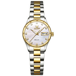 OLEVS 7030 Mechanical Fashion Women Watch Gift Round-dial Stainless Steel Watchband Wristwatch Week Display Calendar