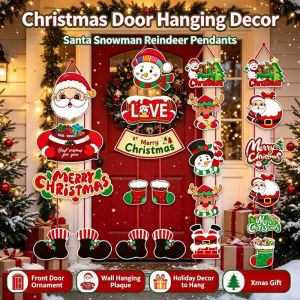 Santa & Snowman Christmas Door Hanger Wall Plaque Front Door Ornament Holiday Home Decoration