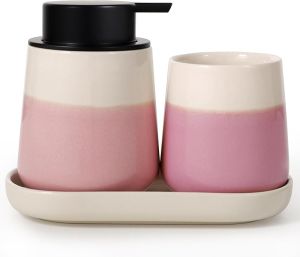 INGOFIN 3PC Ceramic Bathroom Set - Green Foam Soap Dispenser Toothbrush Holder & Tray Countertop Organizer For Bathroom Office & Guest Suite