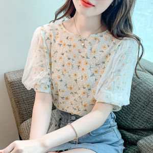 REHIN Womens top mesh bubble sleeve beaded floral short-sleeved shirt summer new Korean version of Slim fit chiffon blouse