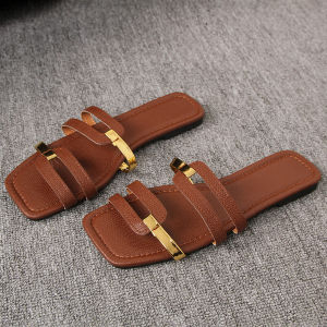 2025 Summer New Flat Square-Toed WomenS Slippers Large Size Casual Fashionable Comfortable Versatile Sandals