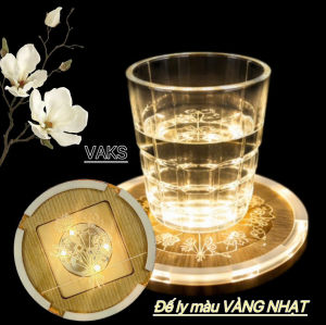 1cái Đế lót Ly đèn led VÀNG NHẠT - NHỰA GỖ TRÒN - đã có pin sẵn(+TẶNG KÈM 4 VIÊN PIN)- nhấp nháy nhanhchậmsáng luôn