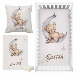 LVYZIHO Sleeping Bear Custom Name Crib Sheet Set Sleeping Bear Sleep on Moon Crib Bedding Set Baby Shower Gift Bedding Set