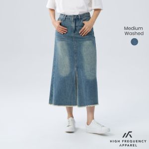 HFA Women’s Frayed Mid-Waisted Maxi Denim Skirt With Front Slit