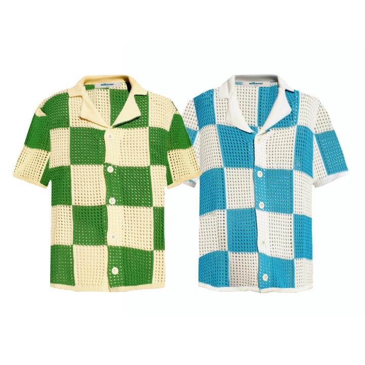 Milkwear Checkered Knitted Crochet Polo Shirt in Green & Blue | For Men ...