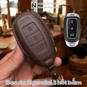 Bao Da Chìa Khoá Ép Form Xe Ô Tô HUY-D3 Hyundai Kona Santafe 2018 - 2020 Accent Móc Chìa Khoá 3 Nút Bấm Da Thật