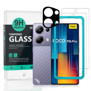 Xiaomi ปกป้องหน้าจอสำหรับ IBYWIND Poco M6 Pro 4G พร้อมกระจกเทมเปอร์2ชิ้นตัวป้องกันเลนส์กล้องถ่ายรูป1ชิ้นหนุนหลังฟิล์มไฟเบอร์คาร์บอน1ชิ้น [อ่านลายนิ้วมือติดตั้งได้ง่าย]