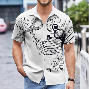 2026 Mens Shirt Musical Note Printing White Shirt Outdoor Street Oversized Short Sleeve Fashion Designer Casual Soft 8 Colors