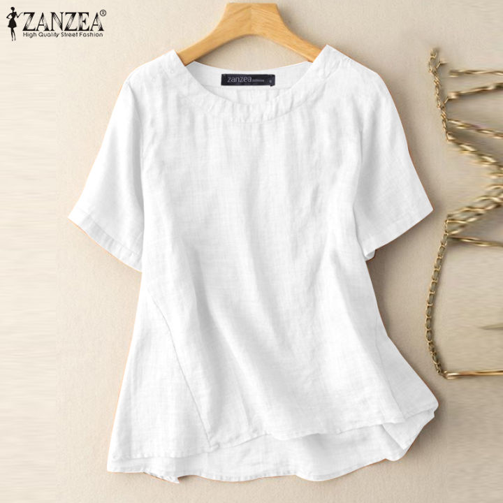 Esolo%20ZANZEA%20Womens%20Casual%20Short%20Sleeve%20Blouse%20Cotton%20Linen%20Shirts%20Plain%20School%20Beach%20Loose%20Tops%20#2%20-%20Image%203