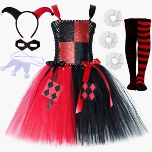 Clown Costume for Girls Villains Killer Monster Joker Tulle Tutu Dress Red Black Kids Halloween Carnival Party Dress Up Clothes2026