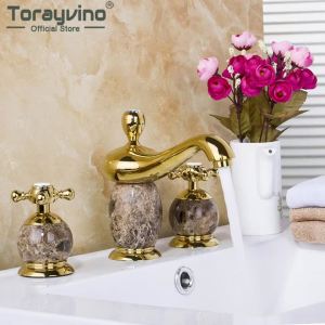 LDIES Torayvino Bathroom Faucet Classic Delicate Ceramic and Gold Finish Bathtub Faucets Dual Handle Deck Mounted Sink Mixer Water Tap 7T2N8
