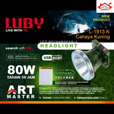 LUBY Senter kepala Cas LED 80W - 80 Watt 8000mAh Lithium POLYMER ART MASTER L-1913L Cahaya Putih / L-1913K Cahaya Kuning Tahan 50 Jam - L 1913 L / K