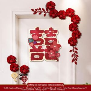 NOBLELYN Red Flower Garland Wedding Door Decorations Artificial Flowers Chinese Wedding Door Hanging Decorative Door Trim Double Happiness Sign Bridal Room Decor