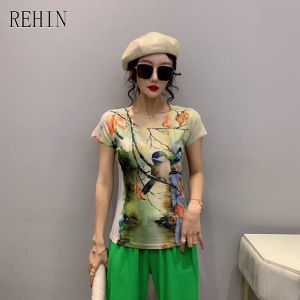 REHIN เสื้อยืดผู้หญิงทรงสลิมฟิตเสื้อแขนสั้นพิมพ์ลายสัตว์ไม่ซ้ําใครเสื้อยืดผ้าฝ้าย S-3XL