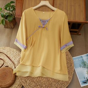 LUCKIN เสื้อเชิ้ตผ้าบางปักลายศิลปะจีนเสื้อแจ็คการ์ดแขนสั้นปะต่อสำหรับผู้หญิงสไตล์ใหม่ฤดูร้อนเสื้อคอกลมสำหรับผู้หญิง