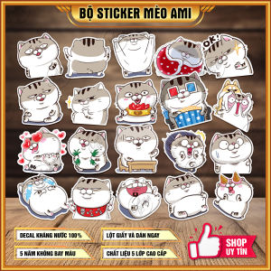 Combo 50 sticker decal hình dán chủ đề Mèo AMI bụng bự dễ thương xe dán mũ bảo hiểm dán laptop điện thoại