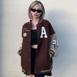 American Retro Baseball Uniform Womens Autumn and Winter Loose All-match Vintage Stitching PU New Jacket Coat