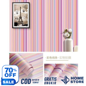 BISA COD-Wallpaper Stiker Dinding 45cm x 5m Motif Garis Hijau Pink Biru Rainbow Salur Ulir Elegant
