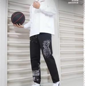 2024 New Kyrie Irving Ink Printed Training Basketball Cotton SweatPants American Casual Loose Street Hip Hop Wide Leg Straight Pants Black\ White