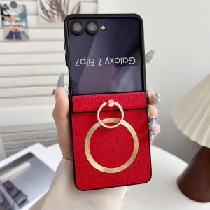 Magnetic ring phone case for Samsung Galaxy Z Flip 8 7 6 5 4 3 full-wrap hinge with litchi texture PU leather protective cover