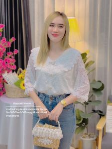 เสื้อขาว เสื้อลูกไม้ ผ้านิ่ม คอบัว มีซับใน ใส่งานบวช งานบุญ งานแต่งงาน