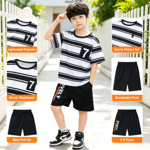 AILEBE Kids Sets Terno Sporty Letter Print Striped Short Sleeve T-Shirt Shorts Set Elastic Waistband Lightweight Polyester Summer Casual Outfit Perfect For Daily Pambahay OOTD Baby Boys Girls 0-5 Years