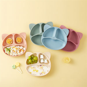 POTIKA ชุดจานอาหารเด็ก ช่องแบ่งถาดหลุมเด็ก อาหารเกรดซิลิโคนวัสดุทนความร้อนถ้วยดูด บริษัท ป้องกันการตกเด็กการ์ตูนจานอาหารค่ำ