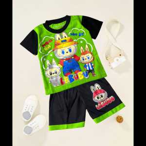Stelan Baju Kaos Anak Viral Labubu Lengan Pendek Usia Anak 3-10 Tahun Bahan Katun Model Desain Terbaru