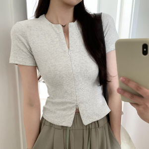 Shirt Outerwear Young Women Elegant Charm Strong Matchability Doubleended Zipper Short Top Slim And Thin Shortsleeved T-shirt Elegance Everyday Wear