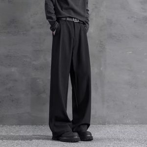 Black Straight Loose Dress Pants for Men with Draped Effect Summer Ice Silk Casual Pants American Style High Waist Suit Pants