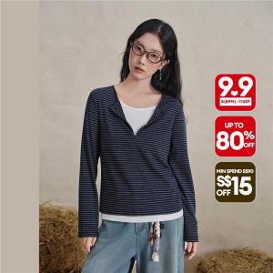 Giordano Women Fake two-piece striped long sleeve tee Free Shipping 18326521