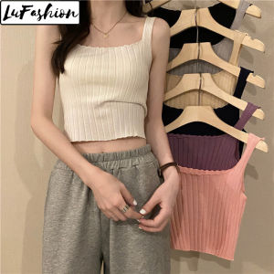 LuFashion Tanktop Women Knitted Croptop Summer Sleeveless Square Neck Slim Camisoles
