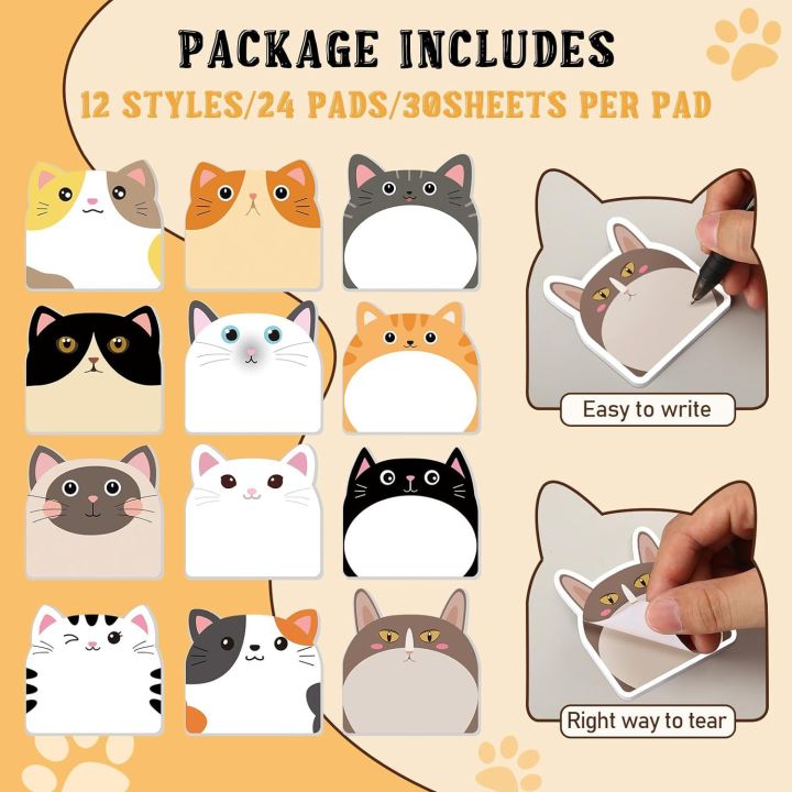 30 Sheet/Pad Cute Animal Cats Sticky Note Paper Reusable Self-ashesive Memo Pad Reminder on Fridges Door Computer Whiteboard for School Students Stationery
