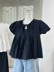 Cotton chấm bi nhăn/ Linen in hoa Cổ viền ren Áo babydoll xếp ly cổ tròn cột nơ tay ngắn bồng dễ thương năng động màu trắng/ đen/ đỏ NELON TOP