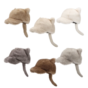 Furry Baseball Hat with Furry Tail Running Hat Plush Cats Ear Winter Warm Hat for Women Teens Winter Outdoor Sport