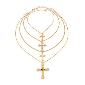 NEEUJ 4pcs\set สไตล์ชาติพันธุ์ สร้อยคอข้ามสำหรับผู้ชาย ซิลเวอร์ ชุดสร้อยคอ โซ่คริสตัลหลายชั้น วินเทจ ฮิปฮอป สร้อยคอจี้ข้าม ผู้หญิง