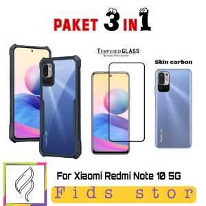 PROMO DISKON 3in1 Xiaomi REDMI NOTE 10 5G / NOTE 10 4G / NOTE 10S CASE SHOCKPROOF plus TEMEPERED GLASS FULL COVER BLACK plus GARSKIN CARBON
