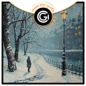 Tranh mùa đông phong cảnh người đàn ông ngắm nhìn tuyết rơi lúc thành phố lên đèn.Tranh treo tườngdán tường.CGI-1199