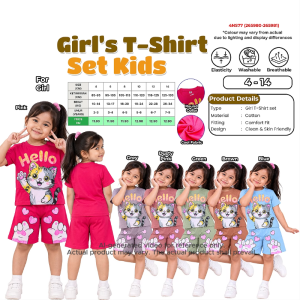 Girls Kids T-Shirt Shorts Set Cotton Short Sleeve Casual Cat Print Top & Shorts Set Age 2-9 Years