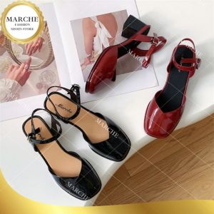 [Free Shipping] Summer New Collection: Chunky-Heeled Round-Toe Shiny Open-Toe Sweet And Elegant WomenS Sandals