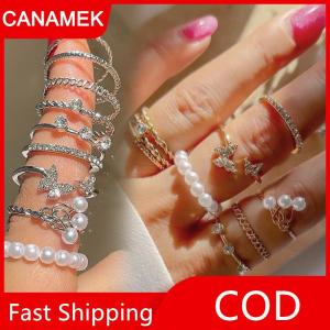 【CANAMEK】 1 Bộ phong cÁch Hàn Quốc Bướm Ngọc Trai Nhẫn thiết lập cho phụ nữ tỏa sáng ngọc trai Gothic cổ điển Rhinestone thời trang đơn giản ngón tay đồ trang sức quà tặng