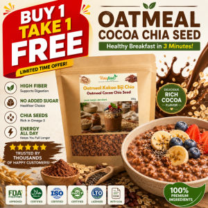 Oatmeal Cocoa Chia Seed High Fiber Healthy Breakfast - No Added Sugar Instant Oats Ready in 3 Minutes