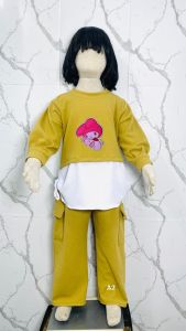 Setelan melody tali serut knit caramel anak usia 3 - 10 tahun / one set kombinasi motif karakter celana cargo terbaru